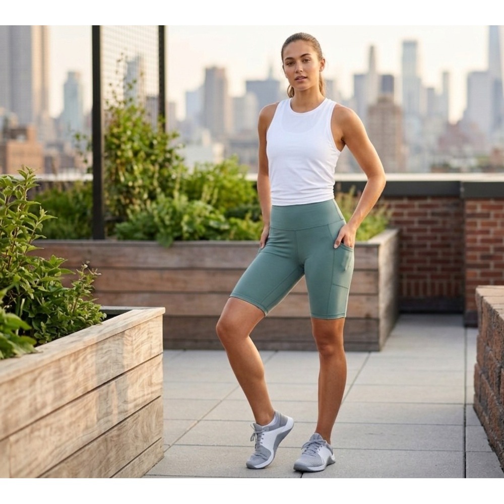 Nine West Active Womens Sage Green High Waisted Biker Shorts Side Pockets Large